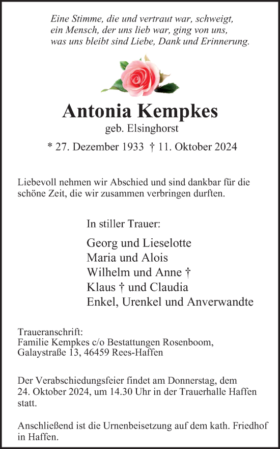 Traueranzeige von Antonia Kempkes von Tageszeitung
