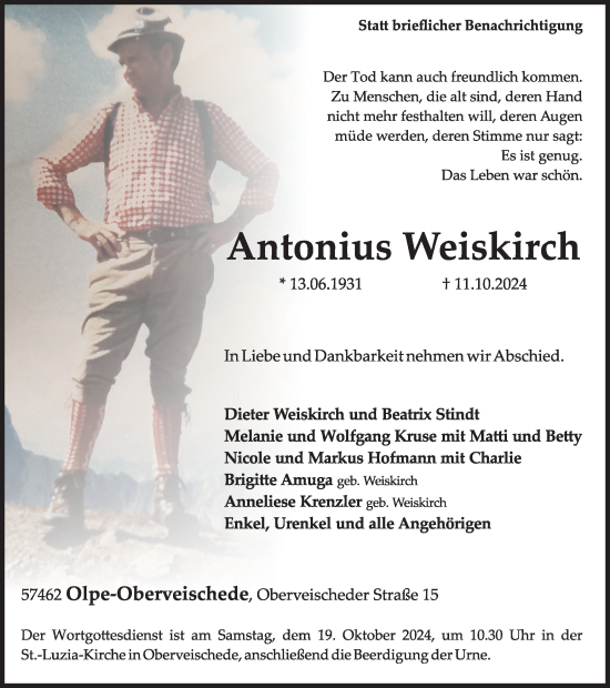 Traueranzeige von Antonius Weiskirch von Tageszeitung
