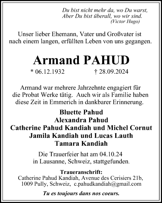 Traueranzeige von Armand Pahud von Tageszeitung