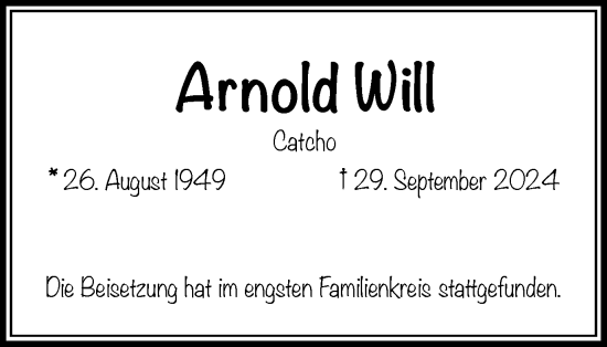 Traueranzeige von Arnold Will von Tageszeitung