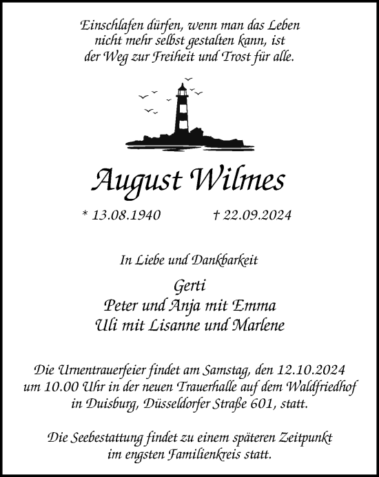 Traueranzeige von August Wilmes von Tageszeitung