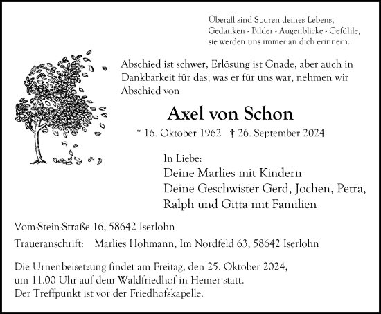 Traueranzeige von Axel  von Schon von Tageszeitung