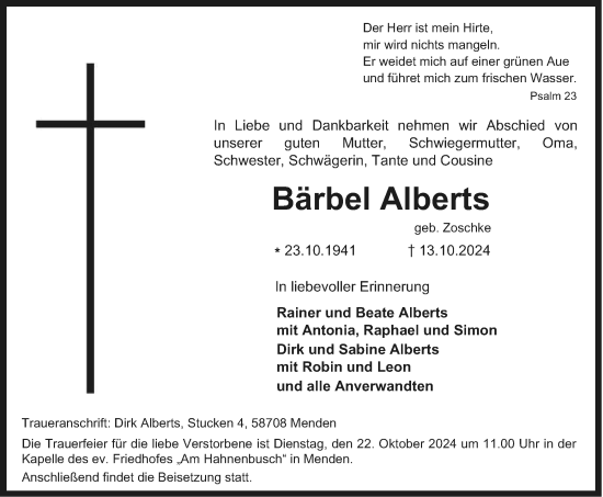 Traueranzeige von Bärbel Alberts von Tageszeitung