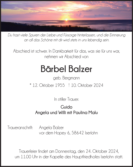 Traueranzeige von Bärbel Balzer von Tageszeitung
