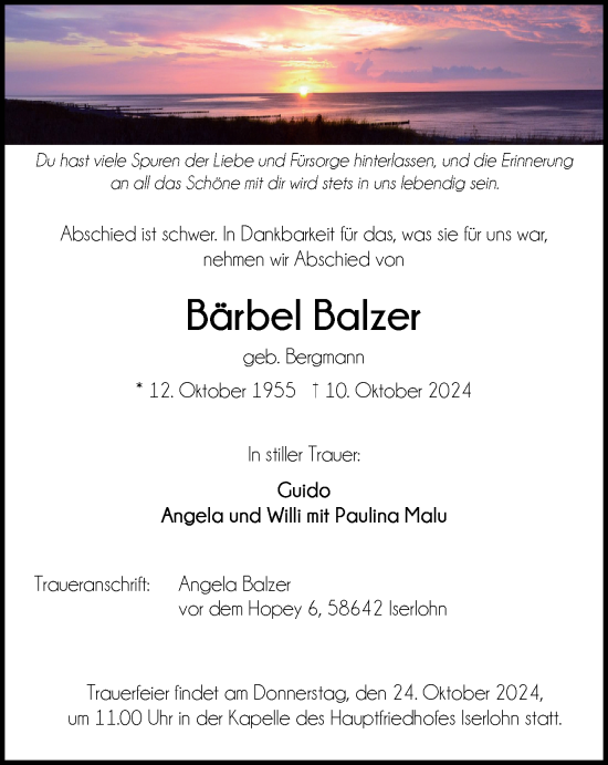 Traueranzeige von Bärbel Balzer von Tageszeitung