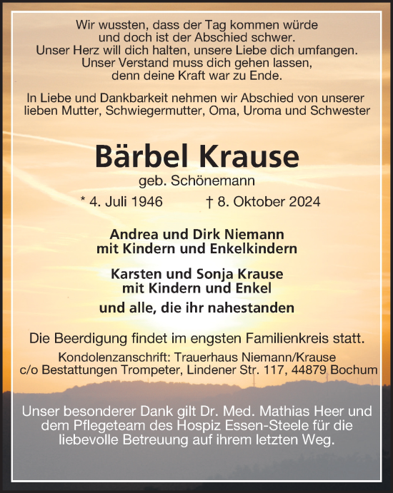 Traueranzeige von Bärbel Krause von Tageszeitung
