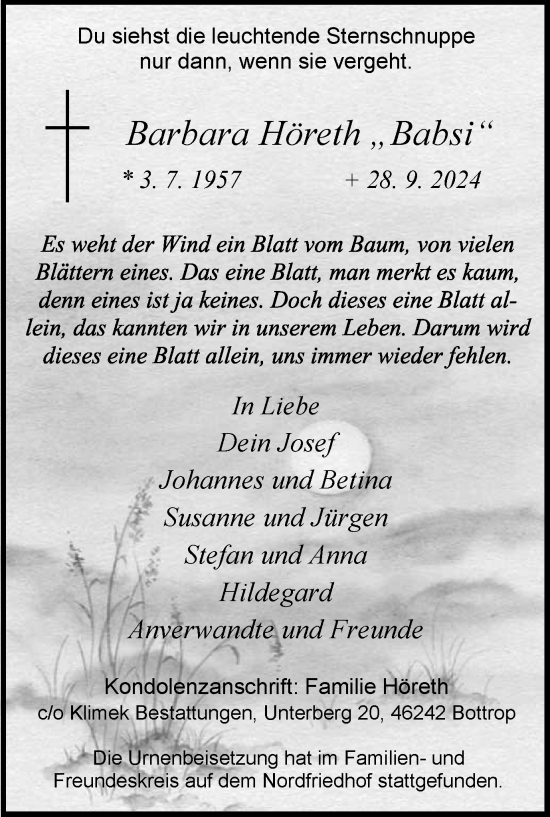 Traueranzeige von Barbara Höreth von Tageszeitung