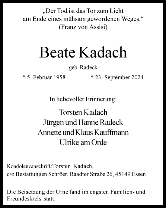 Traueranzeige von Beate Kadach von Tageszeitung