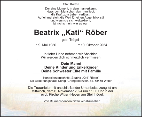 Traueranzeige von Beatrix Röber von Tageszeitung