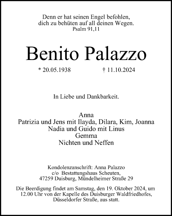 Traueranzeige von Benito Palazzo von Tageszeitung