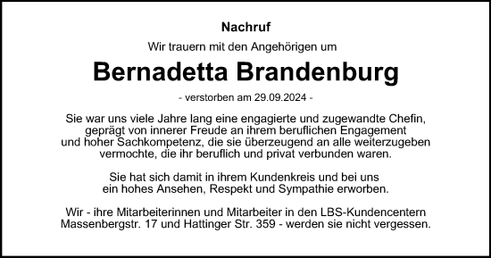 Traueranzeige von Bernadetta Brandenburg von Tageszeitung