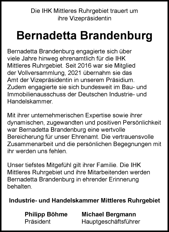 Traueranzeige von Bernadetta Brandenburg von Tageszeitung