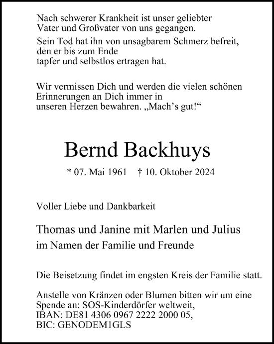 Traueranzeige von Bernd Backhuys von Tageszeitung