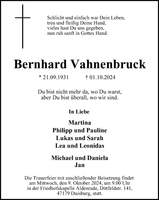 Traueranzeige von Bernhard Vahnenbruck von Tageszeitung
