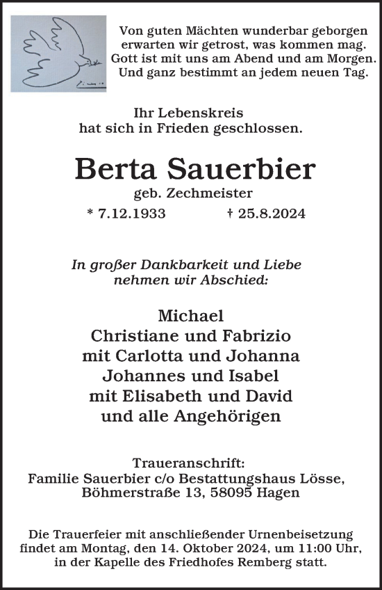 Traueranzeige von Berta Sauerbier von Tageszeitung