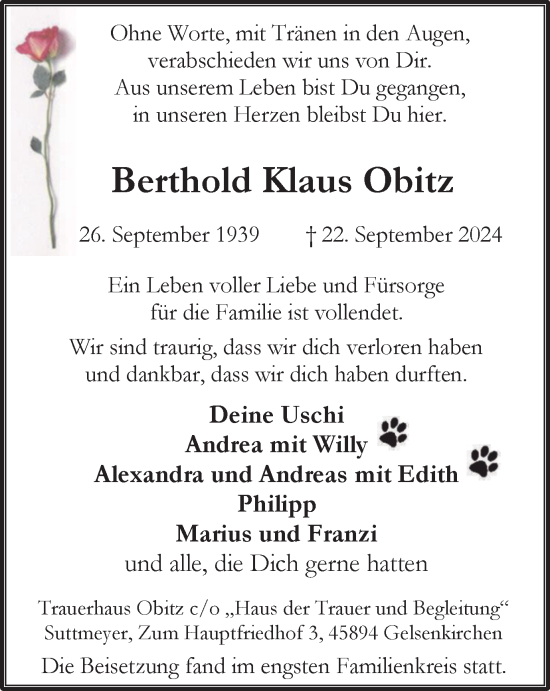 Traueranzeige von Berthold Klaus Obitz von Tageszeitung