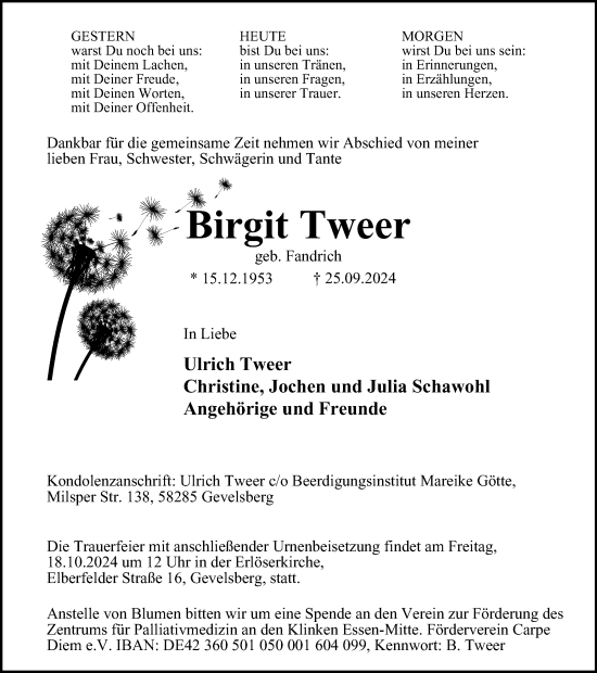 Traueranzeige von Birgit Tweer von Tageszeitung