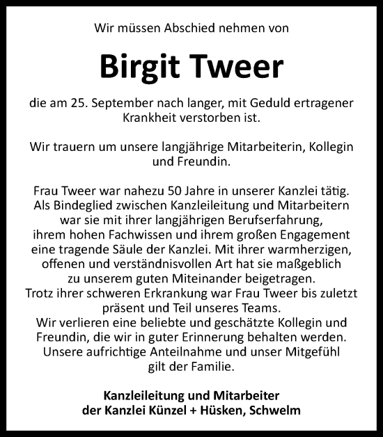 Traueranzeige von Birgit Tweer von Tageszeitung