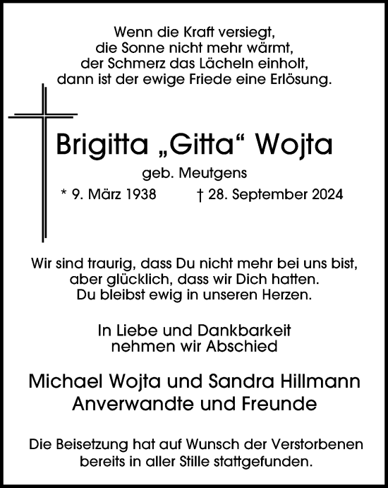 Traueranzeige von Brigitta  Wojta von Tageszeitung