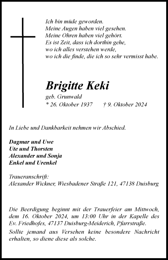Traueranzeige von Brigitte Keki von Tageszeitung