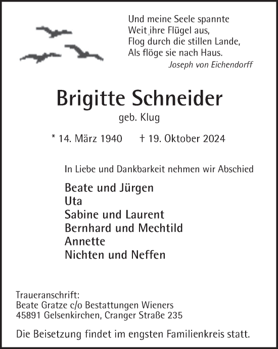 Traueranzeige von Brigitte Schneider von Tageszeitung