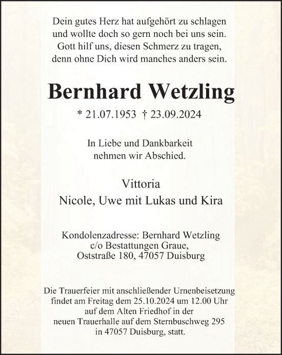 Traueranzeige von Bernhard Wetzling von Tageszeitung
