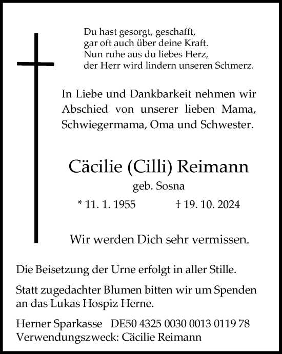 Traueranzeige von Cäcilie Reimann von Tageszeitung