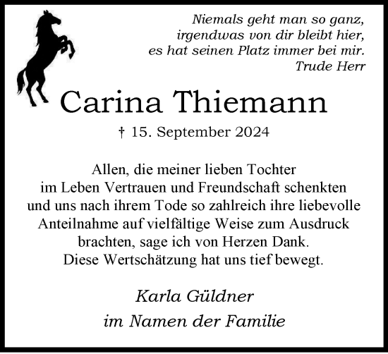 Traueranzeige von Carina Thiemann von Tageszeitung