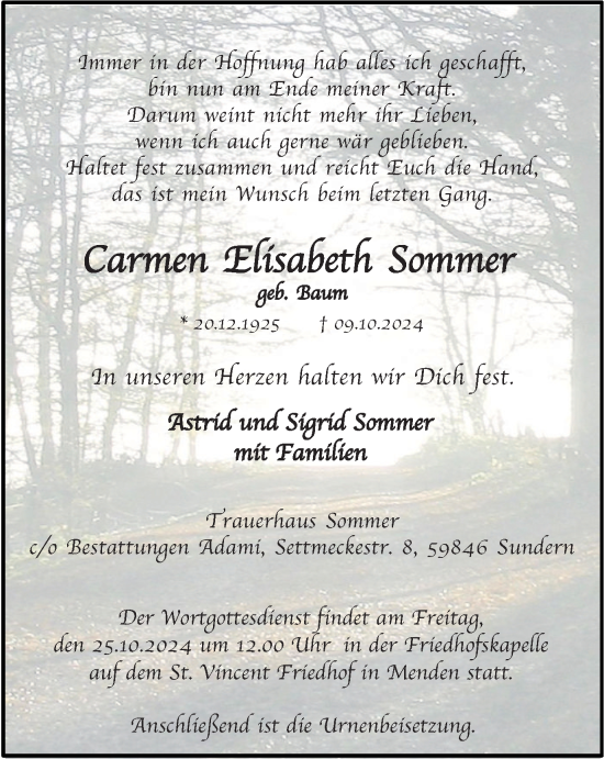 Traueranzeige von Carmen Elisabeth Sommer von Tageszeitung