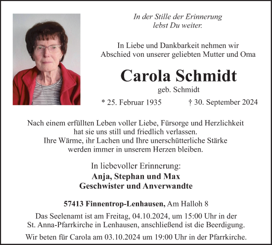 Traueranzeige von Carola Schmidt von Tageszeitung