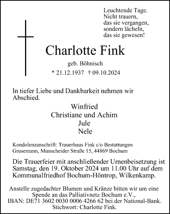 Traueranzeige von Charlotte Fink von Tageszeitung