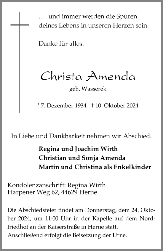 Traueranzeige von Christa Amenda von Tageszeitung