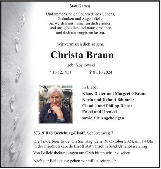 Traueranzeige von Christa Braun von Tageszeitung