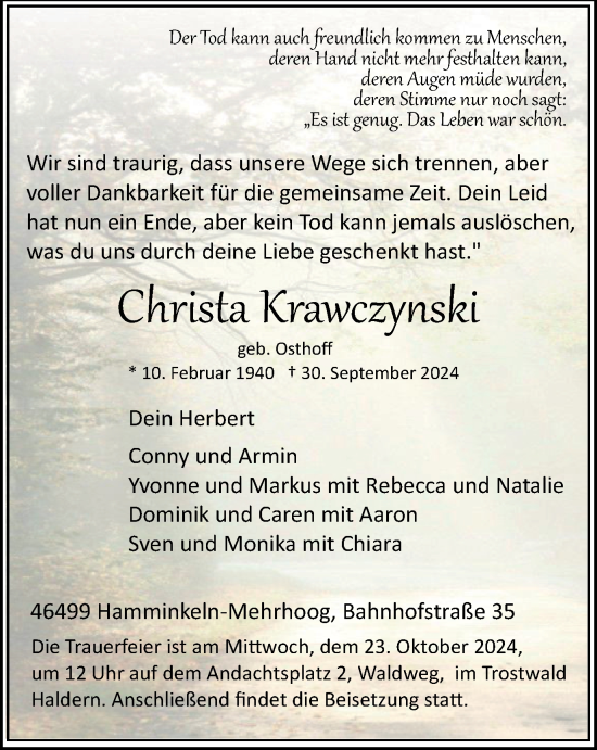 Traueranzeige von Christa Krawczynski von Tageszeitung