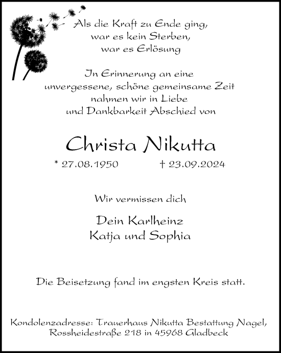 Traueranzeige von Christa Nikutta von Tageszeitung