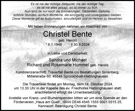 Traueranzeige von Christel Bente von Tageszeitung