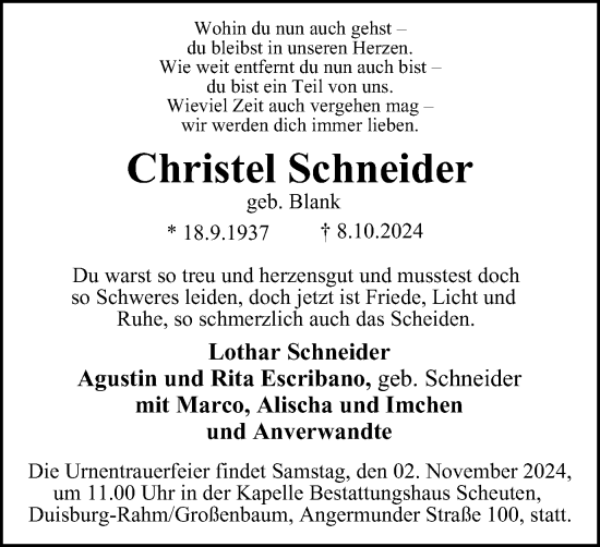 Traueranzeige von Christel Schneider von Tageszeitung