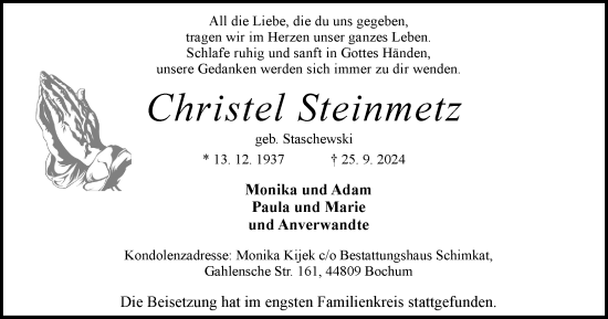 Traueranzeige von Christel Steinmetz von Tageszeitung