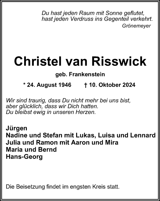 Traueranzeige von Christel  van Risswick von Tageszeitung