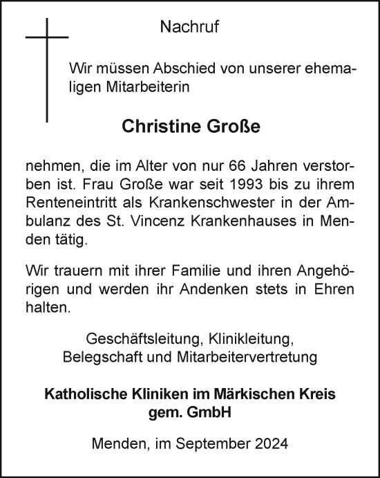 Traueranzeige von Christine Große von Tageszeitung