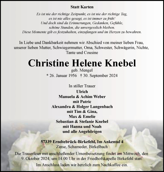 Traueranzeige von Christine Helene Knebel von Tageszeitung