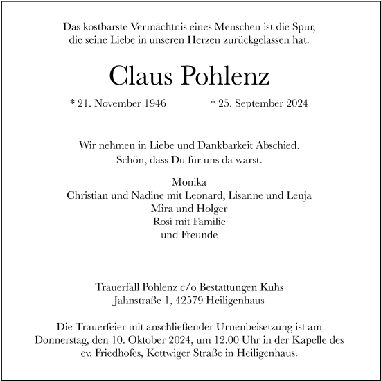 Traueranzeige von Claus Pohlenz von Tageszeitung