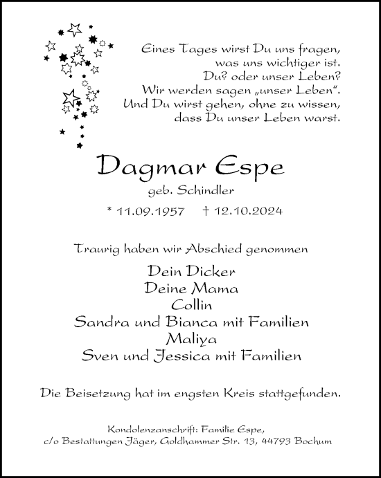 Traueranzeige von Dagmar Espe von Tageszeitung