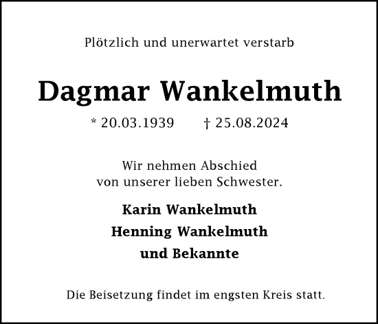Traueranzeige von Dagmar Wankelmuth von Tageszeitung