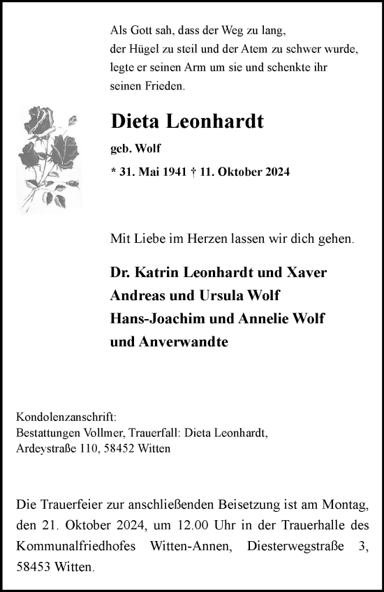 Traueranzeige von Dieta Leonhardt von Tageszeitung