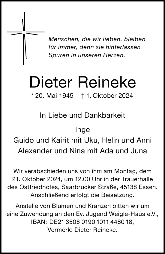 Traueranzeige von Dieter Reineke von Tageszeitung