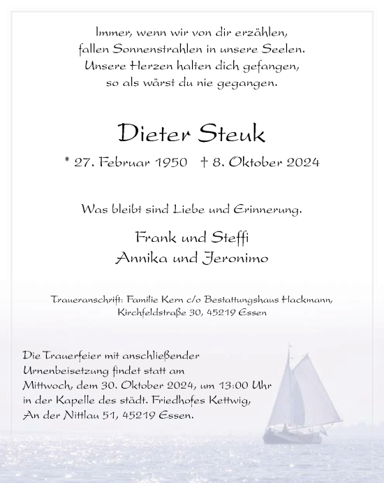 Traueranzeige von Dieter Steuk von Tageszeitung