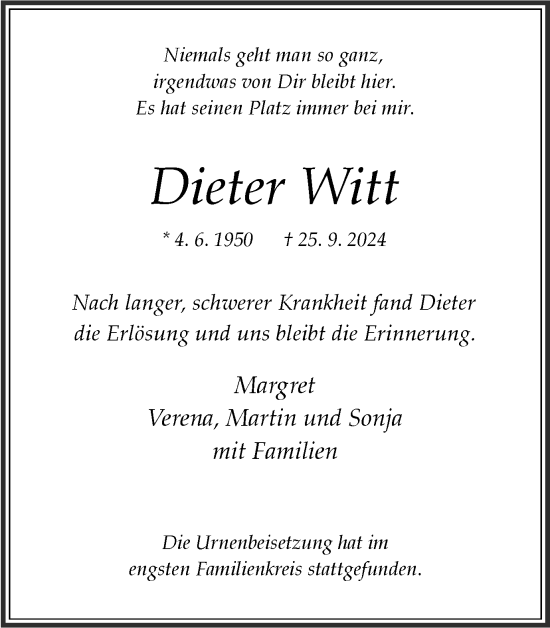 Traueranzeige von Dieter Witt von Tageszeitung