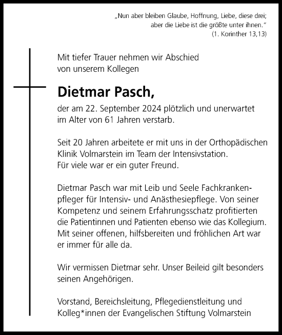 Traueranzeige von Dietmar Pasch von Tageszeitung