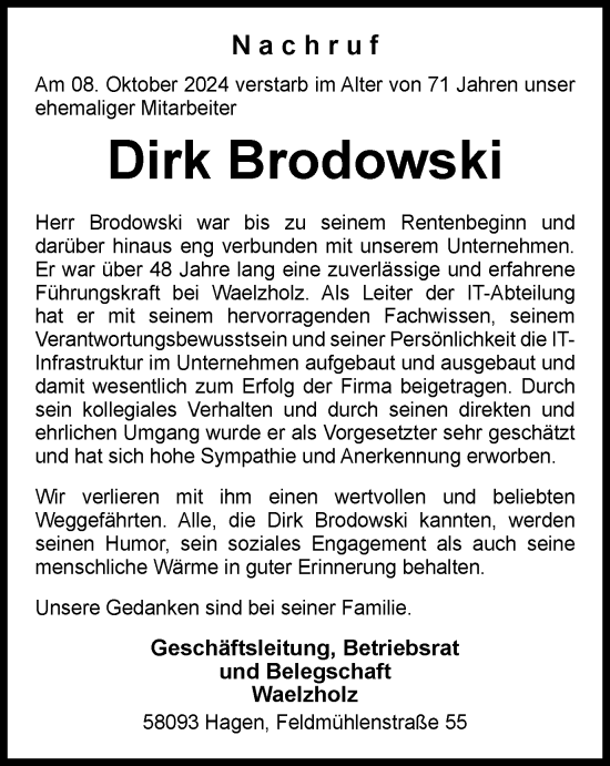 Traueranzeige von Dirk Brodowski von Tageszeitung
